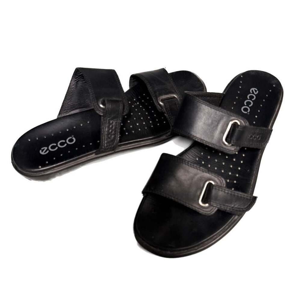 ECCO Slides Leather Open Sandals Black Womens US 8.5 EU 39 Adjustable Straps